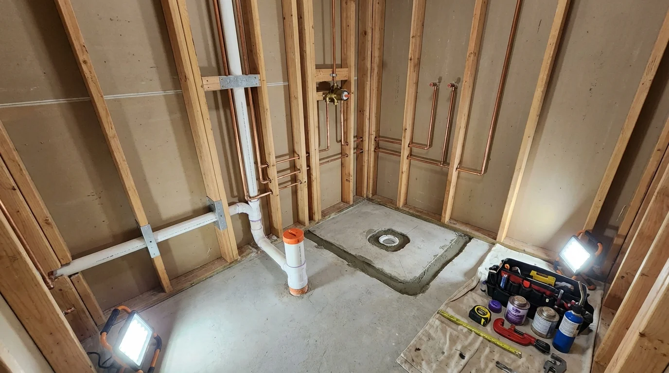 Bathroom rough-in plumbing during remodel by Johns Plumbing LLC in Burnet