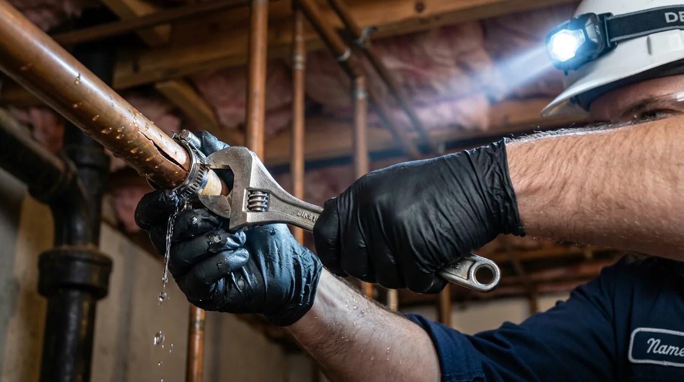 Emergency pipe clamp repair being performed by a Johns Plumbing LLC plumber in Burnet