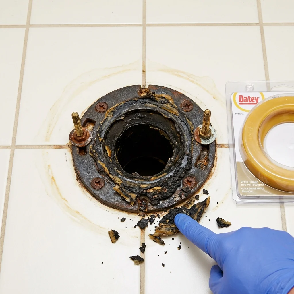 Failed wax ring showing water seepage at the base of a toilet in a Burnet, TX home
