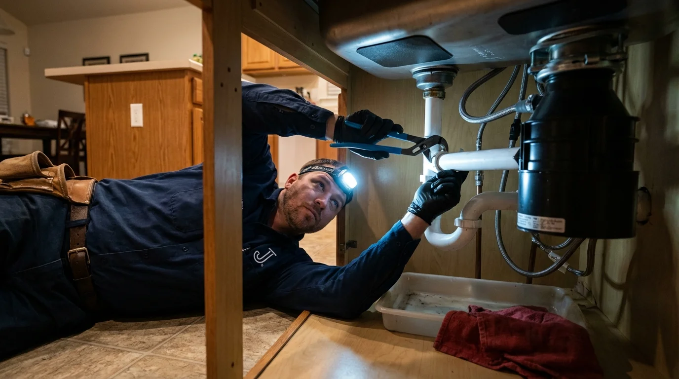 P-trap and supply line connections under a kitchen sink showing a common leak point in Burnet, TX